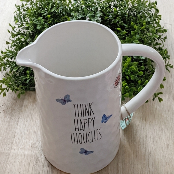 Ceramic Colorful Butterfly Pitcher Think Happy Thoughts - Picture 1 of 6